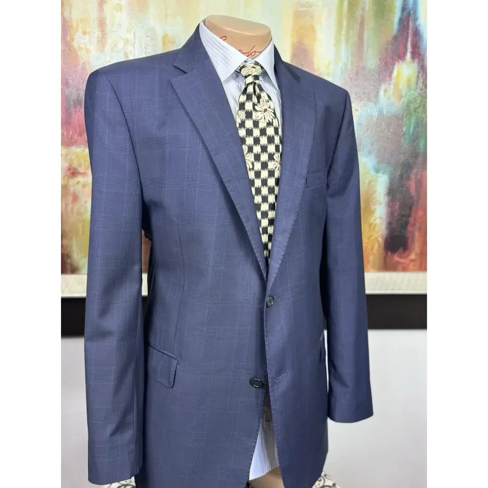 Karl Lagerfield Mens Navy Plaid 42L 2 Piece Suit Pants 36/32